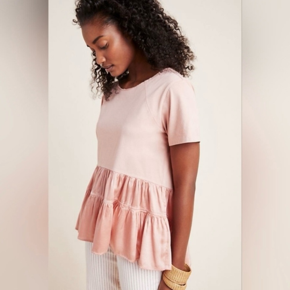 Anthropologie Iona Flounce Coquette Babydoll Women’s  Pink Ruffle Hem Top Sz XL
